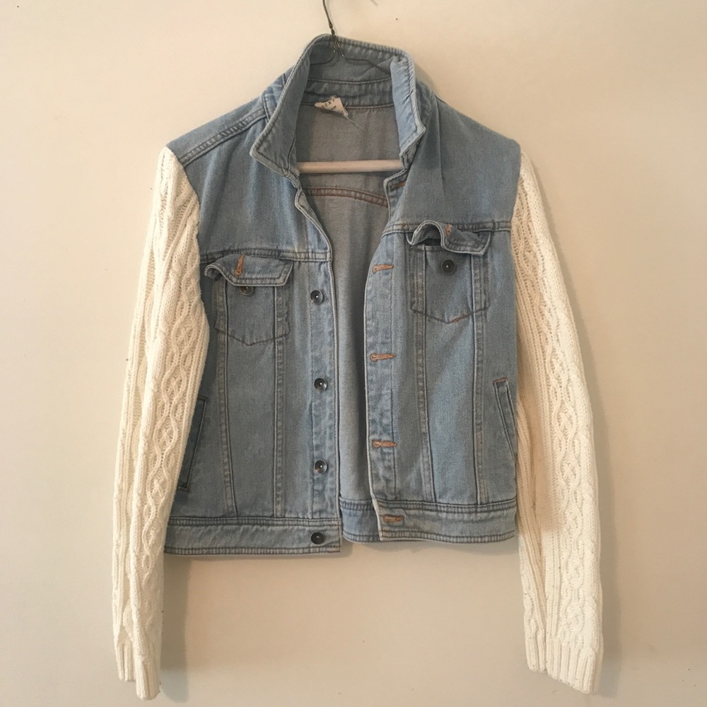 Denim jacket with sweater sleeves